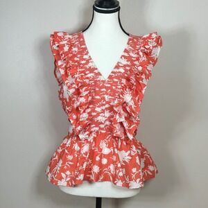 Alice Blue Womens Floral Ruffle Top Size M Coral Orange Smocked Peplum Coquette